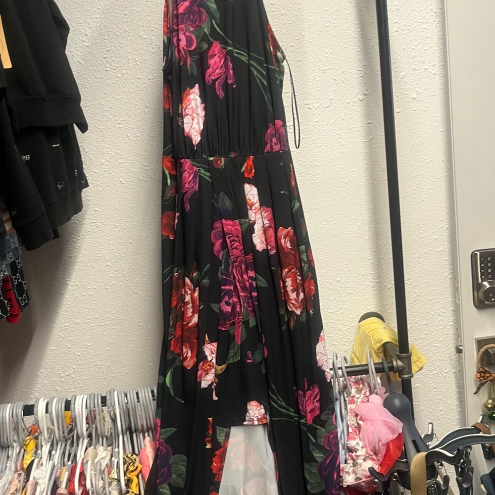 VENUS Black Dress with Pink and Red Floral Print